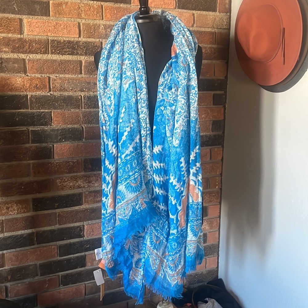 Tory Burch Blue Orange Paisley Linen Modal Sarong Wrap Scarf‎ NWT